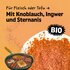 Illustration with Asian BBQ spice loose and the words: ‘For meat or tofu with garlic, ginger and star anise’ on a light orange background.