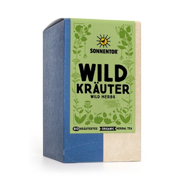 Wildkräuter Tee Kannenbeutel Verpackung mit kleinen Illustrationen von Wildkräutern wie zum Beispiel Schafgarbe oder Frauenmantel!