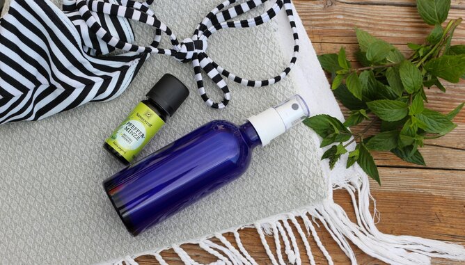 Auf dem Foto ist ein Fläschchen mit Erfrischungsspray zu sehen. Daneben liegt ein Fläschchen ätherisches Öl der Pfefferminze und ein Bikini. | © SONNENTOR